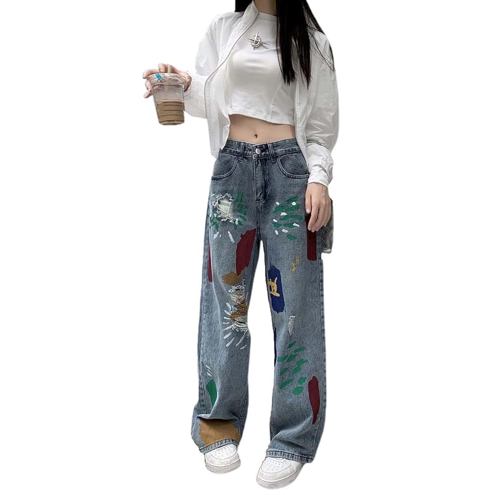 MLAFE Straight Leg Ripped Jeans for Women Colorful Graffiti